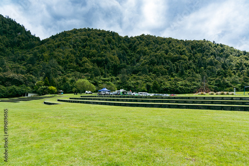 Terraced Green Field Beside Forested Hillside
