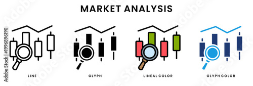 Market analysis and stock chart research icon set with candlestick graph and magnifying glass in line, glyph, lineal color and glyph color styles