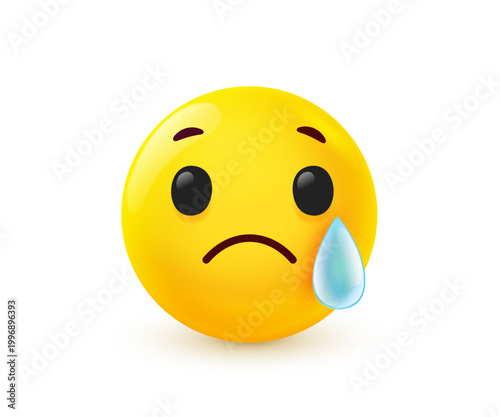 3d sad crying emoji with big eyes and blue drop tear, vector realistic yellow face character for sadness, sorrow or unhappy mood