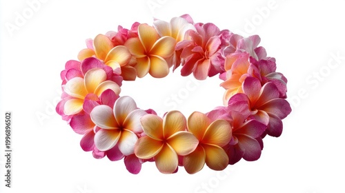 Beautiful lei made of pink and yellow plumeria flowers on a white background