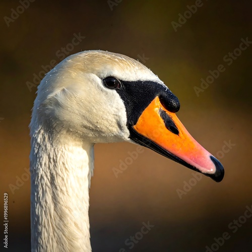 Close-up of a majestic white bird's head and neck, showcasing vibrant orange beak and sharp, focused eye against blurred background