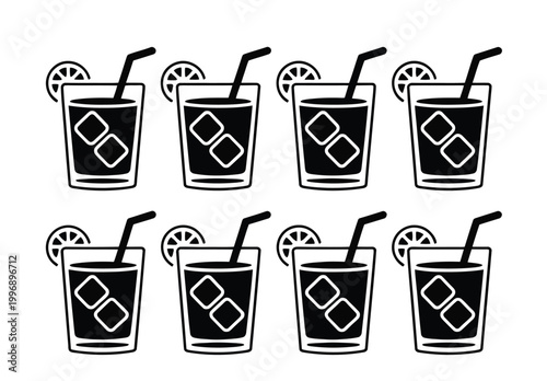 Cocktail glass icon set with straws and lemon slices illustration