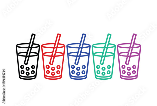 Boba colorful illustration of drinks with straws and bubbles