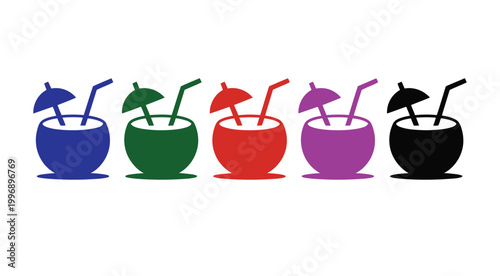Cocktail colorful icon set with umbrella and straw vector illustration