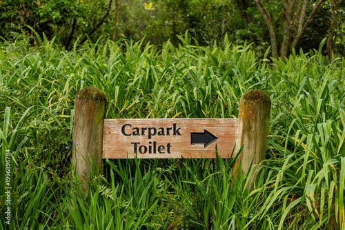 Carpark Toilet Direction Sign Among Greenery