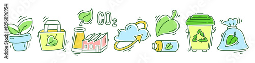 Ecology and zero waste line art set, hand drawn vector icon collection of garbage bin with recycling sign, factory, eco bag with green color leaf and cloud with CO2 symbol for sustainable environment
