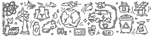 Ecology and green energy line art background, hand drawn vector pattern with electric car, solar panel, wind turbine and recycling bin. Sustainable development and environment concept