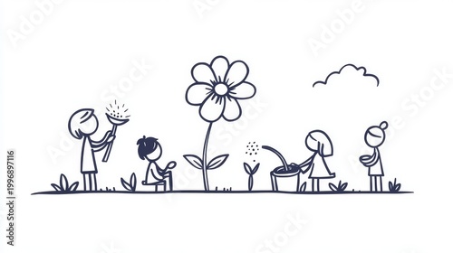 Cute doodle-style illustration of tiny human characters watering, planting, and tending to a growing flower, hand-drawn line art, minimalist white background