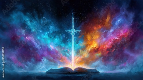 Epic fantasy sword emerges from an open book amidst a vibrant cosmic nebula