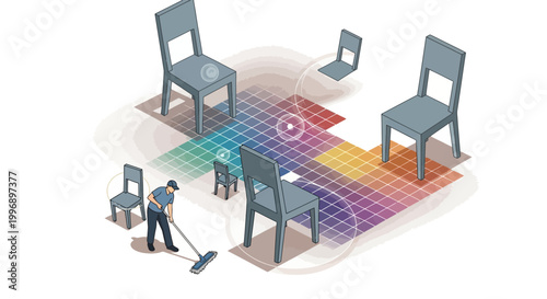 A person sweeping a floor with a broom amidst grey chairs and a colorful grid pattern, suggesting organization or data management.