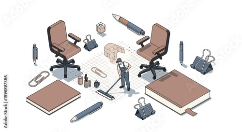 Isometric illustration of a cleaner mopping the floor surrounded by office supplies like chairs, notebooks, and pens.