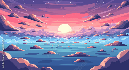 A peaceful and modern illustration of a coastline evokes tranquility and inspires feelings of escape. Perfect for travel blogs, website backgrounds, o