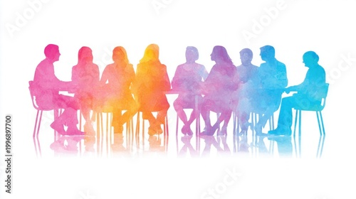 Watercolor illustration of a diverse group of people in a meeting