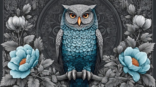 Intricate blue owl perched on a branch surrounded by detailed floral elements and a dark background