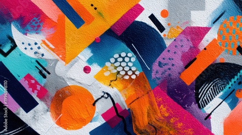 Vibrant abstract geometric shapes and textures create a dynamic and energetic composition