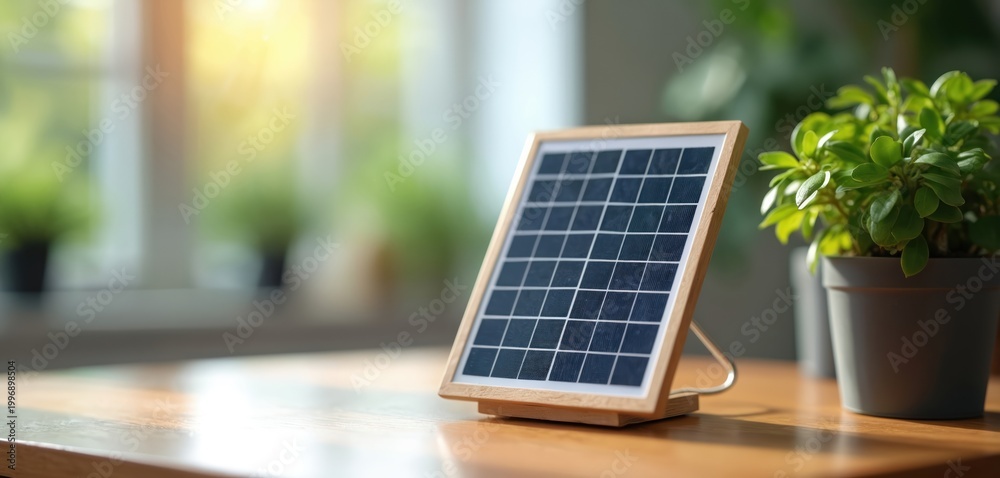 Fototapeta premium Small solar panel on wooden table near green plant in bright room. Sunlight streams through window, illuminating clean energy tech. Suitable for home office, eco-friendly living.