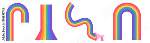 Retro Pride element set with isolated rainbow arches and wavy ribbons. 70s groovy LGBTQ vector icons, vintage hippie style megaphone and fluid stripes on white background for digital design. 
