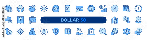 Dollar filled icon set. USD Currency, American US Money, Finance, Banking, Financial concept. Blue vector icons collection.
