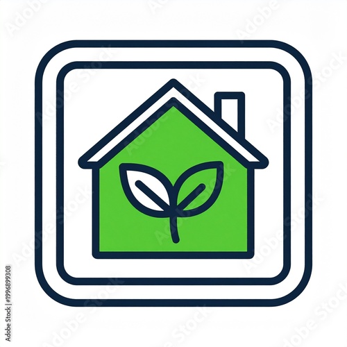 Eco-friendly Home: An illustration of a green house with a leaf symbol, enclosed in a square frame, representing eco-consciousness and sustainable living.