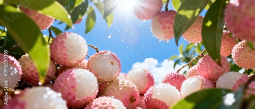 Lychee Fruits on Tree with Green Leaves and Blue Sky