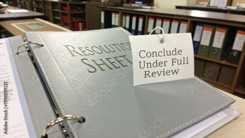Resolution sheet placed on a desk with a tag indicating a review status in an office setting featuring organized files and binders