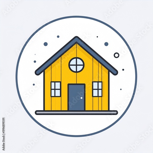 Illustration of a Cozy Home: a charming illustration of a cozy yellow house nestled inside a simple circle, inviting viewers to imagine a sense of warmth and security.