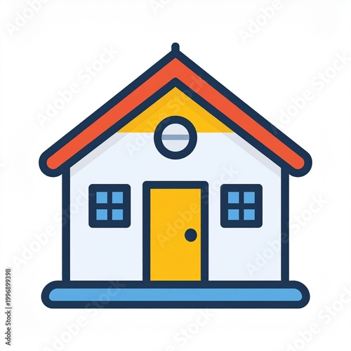 Simple House Illustration: A charming, minimalistic illustration of a house with a red roof, a yellow door, and windows, against a clean, uncluttered backdrop. 