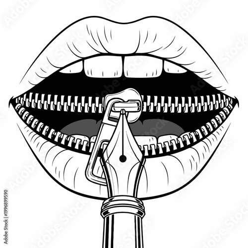 Lips with zipper and fountain pen.