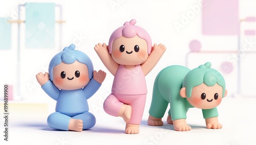 Pastel Characters in Playful Yoga Poses Bright Studio