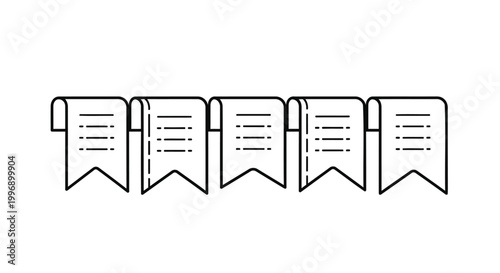 Bookmark icons, paper ribbons, note markers, reading symbols, line art