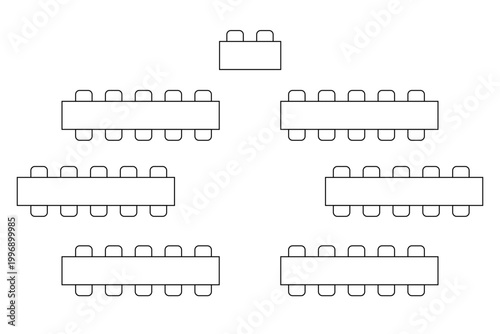 Top view blueprint of restaurant dining area with furniture placement, desk positions, and interior architecture scheme for reception halls