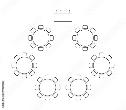 Top view event layout with round tables and seating arrangements. Vector illustration of banquet hall floor design. Architectural blueprint for wedding reception or party venue.