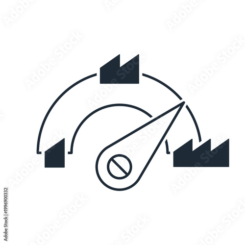 Speedometer with an arrow and industrial symbols. Indications of speed, performance, or industrial power. Vector linear icon illustration isolated on white background.