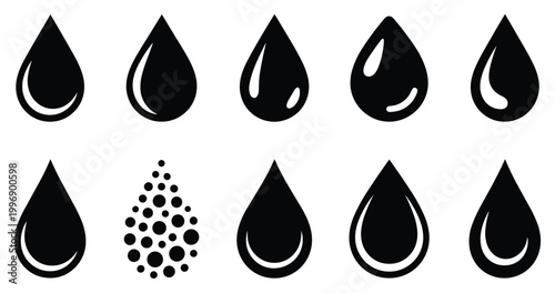 Water droplet pattern: A collection of various stylized water droplet shapes, ideal for conveying concepts related to liquid, purity, and environmental issues. Graphic pattern, design resource.