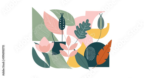 Abstract Botanical Composition with Modern Flat Floral Shapes and Textures