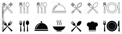 Culinary Artistry: A selection of illustrated culinary utensils, food, and symbols. Kitchen, food, cooking, dining, dish, catering.