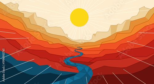 Abstract Geometric Canyon Landscape with Winding River and Golden Sun