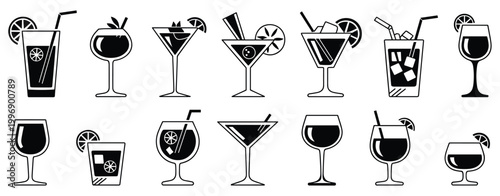Diverse Cocktail Collection: A set of refreshing beverages presented with variety. bar drinks, alcohol assortment, beverage illustration, drink selection, cold drink.