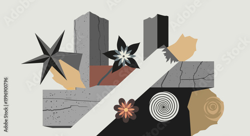 Abstract Geometric Collage with Floral Elements and Textured Shapes