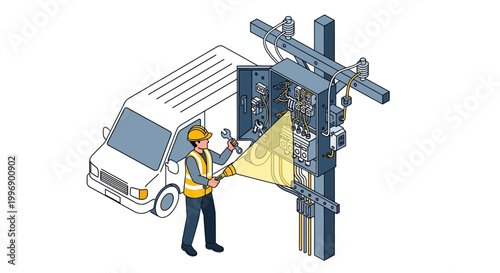 Isometric illustration of an electrician working on a utility pole's electrical box with a service van parked nearby.