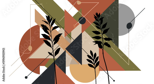 Abstract Geometric Composition with Botanical Silhouettes and Earthy Tones