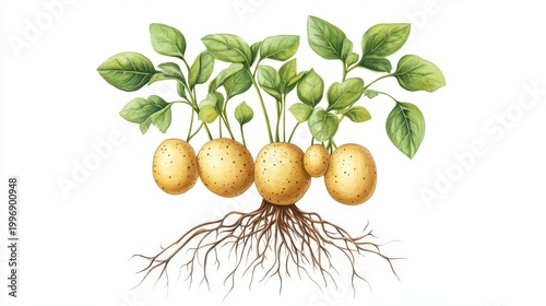 Realistic botanical illustration of potato plant with green leafy stems above and detailed yellow-brown tubers with roots below, isolated on white