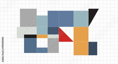 Abstract Geometric Composition with Colorful Shapes and Grid Background