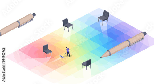 A small person sweeping a vibrant, colorful floor surrounded by chairs and giant pens, illustrating a creative workspace.