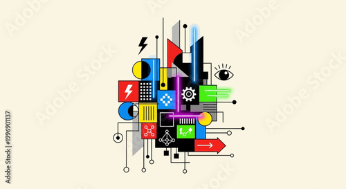 Abstract Digital Technology Concept with Geometric Shapes and Icons