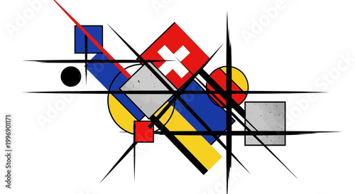 Abstract Geometric Composition with Primary Colors and Intersecting Lines