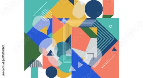 Abstract Geometric Composition with Vibrant Shapes and Modern Memphis Style Patterns