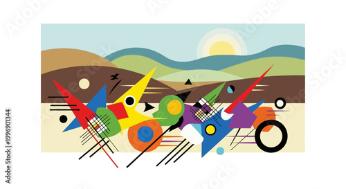 Abstract Geometric Composition with Vibrant Shapes and Landscape Elements