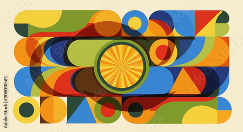 Abstract Geometric Pattern with Overlapping Colorful Shapes and Sunburst Center