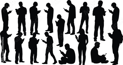 People using smartphones in various poses isolated on white background, Vector